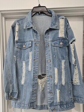 SHEIN Oversized Distressed Light Blue Denim Jacket